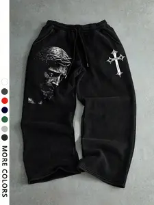 Men's Casual Sporty Long Pants, Jesus & Cross Pattern Print, Drawstring Wide Leg, Loose Fit, All Seasons, Natural Waist