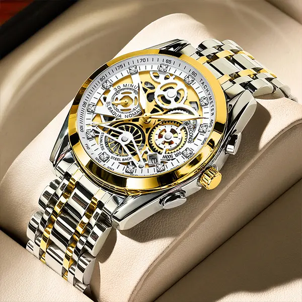ONTHEEDGE Men's Minimalist Luxury Skeleton Luminous Analog Quartz Watch - Stainless Steel, Fashionable Waterproof, Calendar, High Quality, Dress Watch, Father's Day Gift for Dad Husband, Fashionable Waterproof Watch