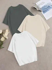 Women's Solid Round Neck Tee, Casual Basic Short Sleeve T-shirt for Summer, Ladies Clothing for Daily Wear
