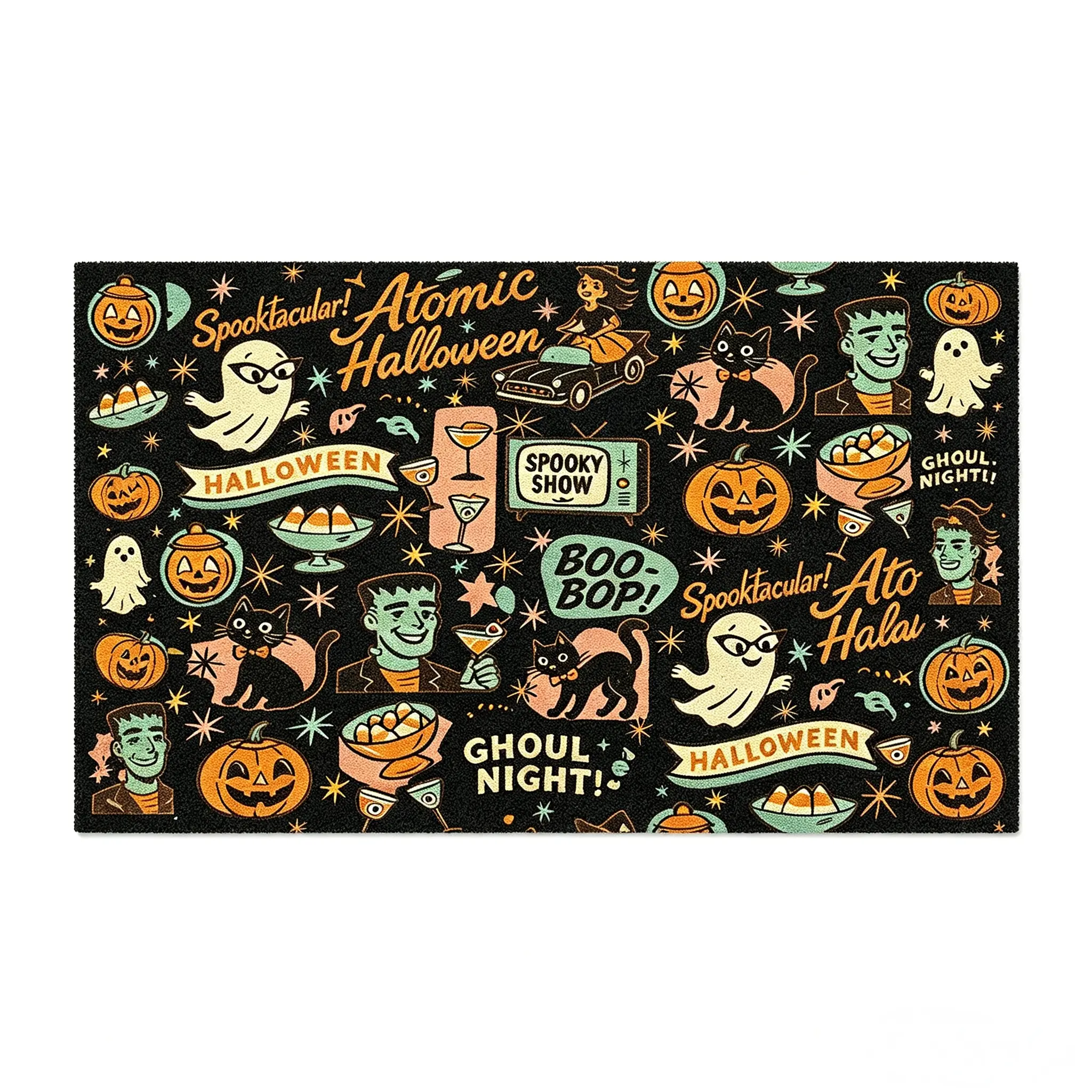 Retro Atomic Halloween Doodle Doormat - Funny Decorative Non-Slip Welcome Mat for Indoor Outdoor Spooky Holiday Use