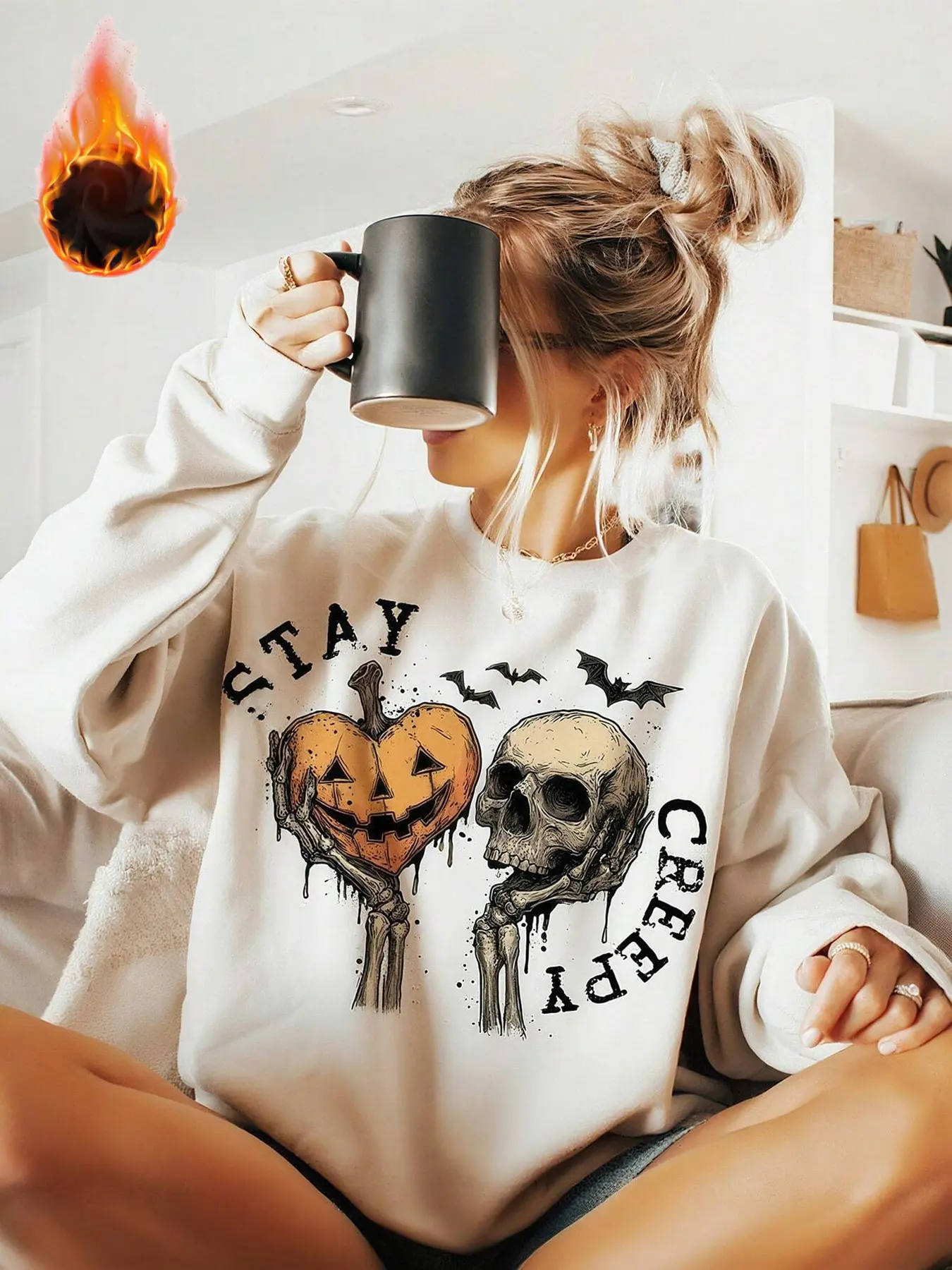 Halloween Women's Pullover Sweater, Skull Pumpkin Bat Print, Drawstring Drop Shoulder Design, Casual Loose Fit, Perfect Spring & Fall Layering Sweatshirt