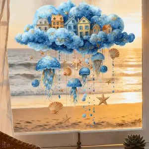 Summer Jellyfish and Cloud House Wall Stickers, Self-Adhesive Removable Bathroom Window Decals, Kitchen and Bedroom Decorations