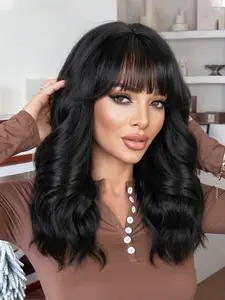 Wavy Natural Medium Length Wig with Bangs for Women, Soft Wavy Curly Synthetic Shoulder Length Wigs for Daily Party Use