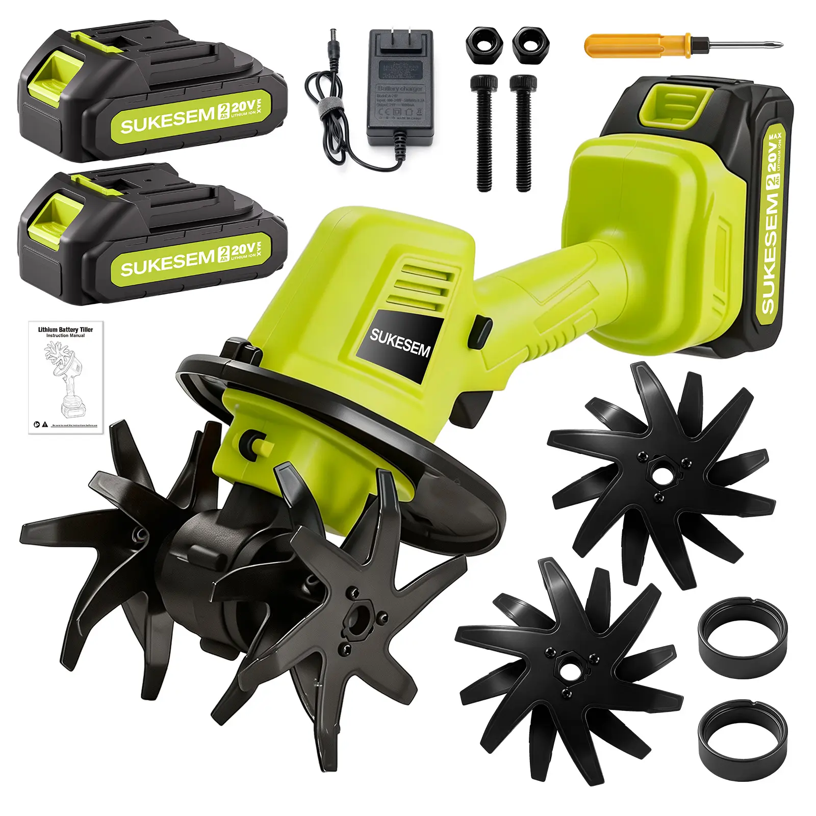 SUKESEM 20V Cordless Handheld Tiller - Electric Lightweight Soil Loosening Rotary Machine, 2.0Ah Battery & Charger Included, Garden Tool Set for Courtyard & Lawn Cultivation