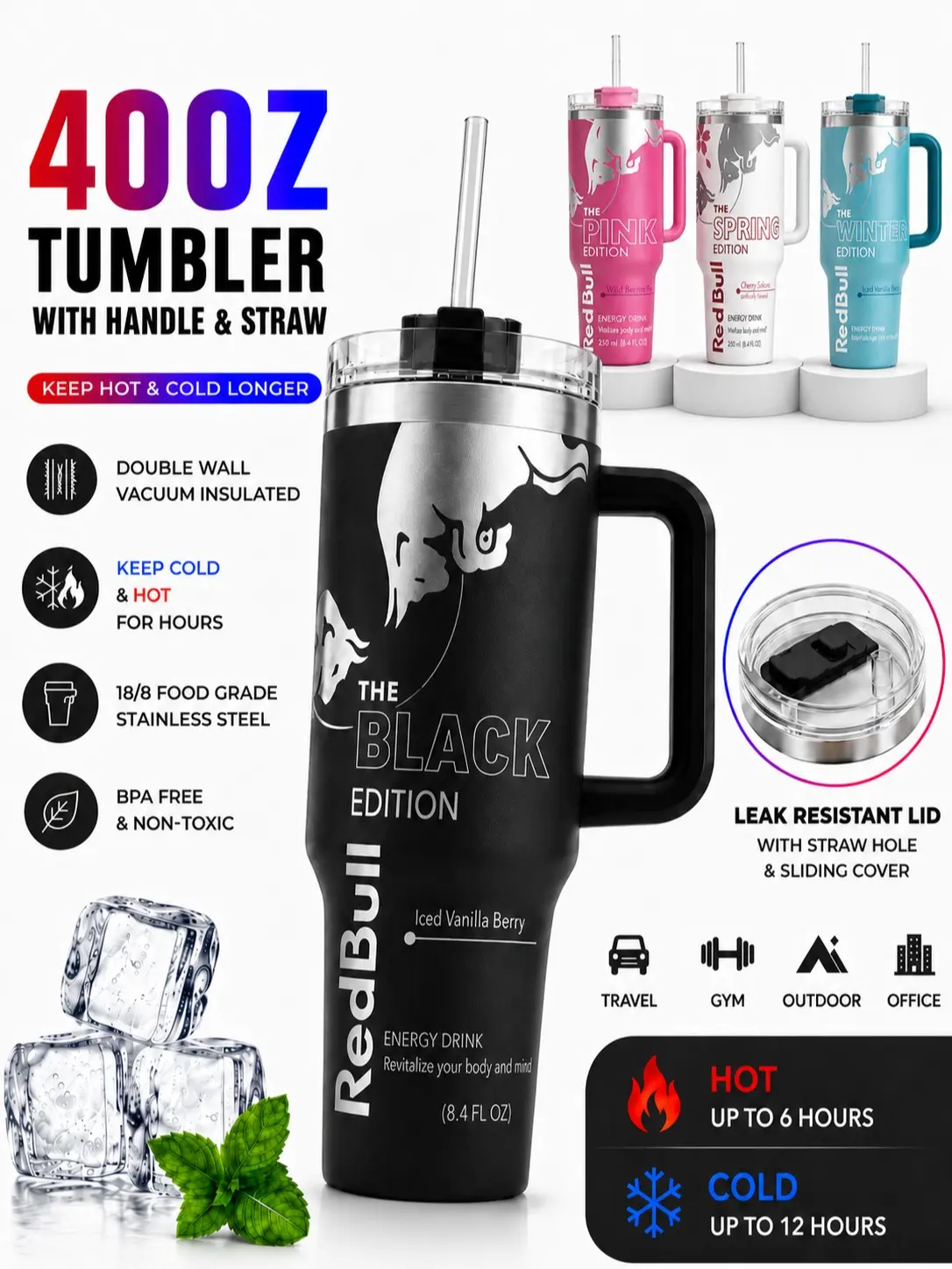 20oz 30oz 40oz Seasonal Color Graphic Tumbler with Handle, Clear Lid and Reusable Straw