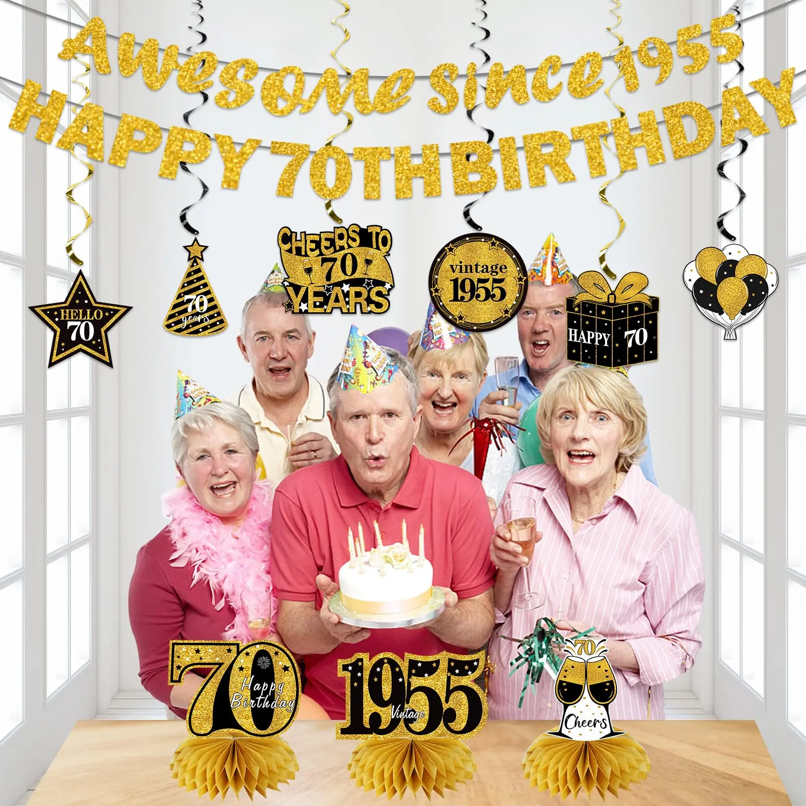 11Pcs 70th Birthday Decorations Kit, Black Gold Happy 70th Banner, Since 1955 Centerpieces Swirls Party Supplies