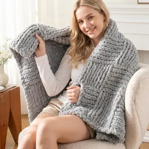 Bunnikins & Clover Chunky Chenille Cable Knit Handmade Crochet Throw Blanket - 50"x60", for Couch, Home Decor