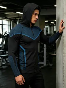 Men's Functional Half-Zip Hooded Workout Compression Long Sleeve, Mesh Panel High Stretch Quick-Dry Breathable Fabric, Slim Fit Muscle-Defining, Gym Training Essential