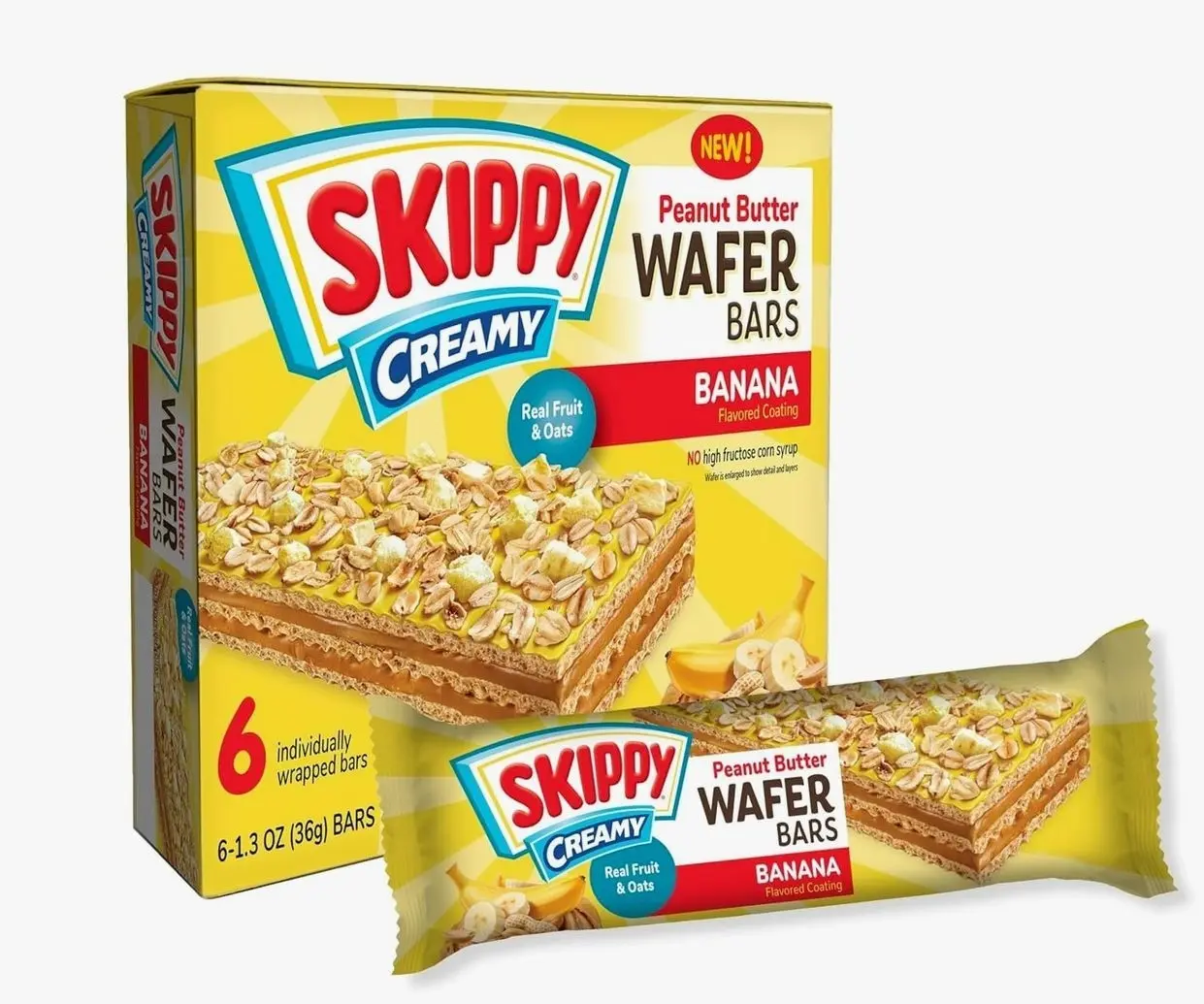 SKIPPY Creamy Peanut Butter Wafer Bars, Banana Flavor with Real Fruit & Oats, 6 Individually Wrapped Bars (7.8 oz Box)