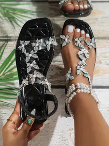 Sweet Style Flat Glitter Decorated Sandals Transparent PVC Rhinestone Butterfly Pearl Chain Large Size Women's Elegant Fairy Shoes