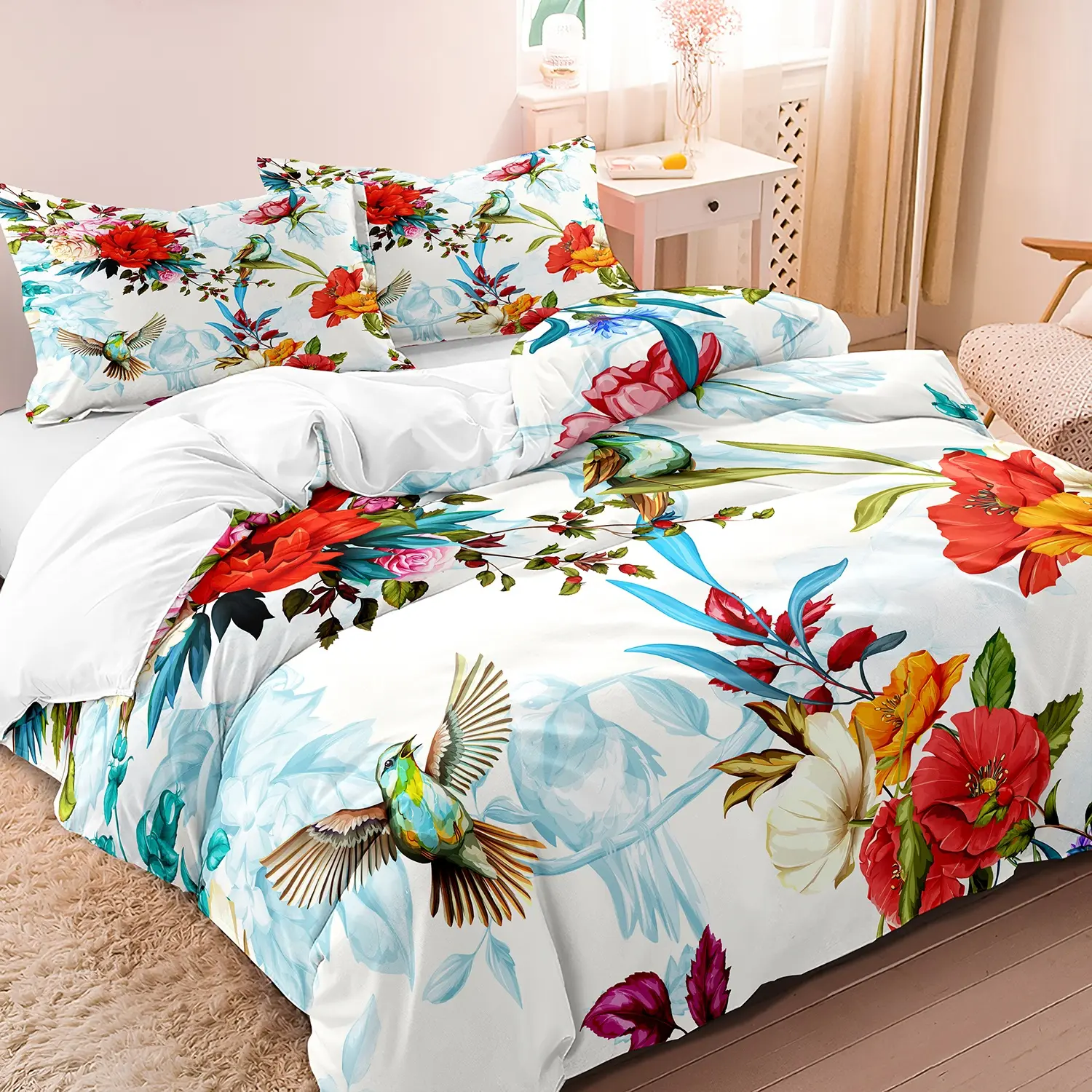 2/3Pcs Vibrant Floral Flower And Hummingbird Bedding Set - Ultra Soft Comfortable Decorative Duvet Cover Set Fit For Bedroom Dormitory Floral Bedding Sets Comfy Bedding Sets (1 * Duvet Cover+1/2 * Pillowcase, Without Comforter)