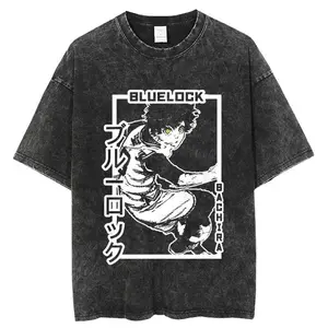 Anime Blue Lock Print Washed T-shirts Men Women Summer Short Sleeve Tee Tops