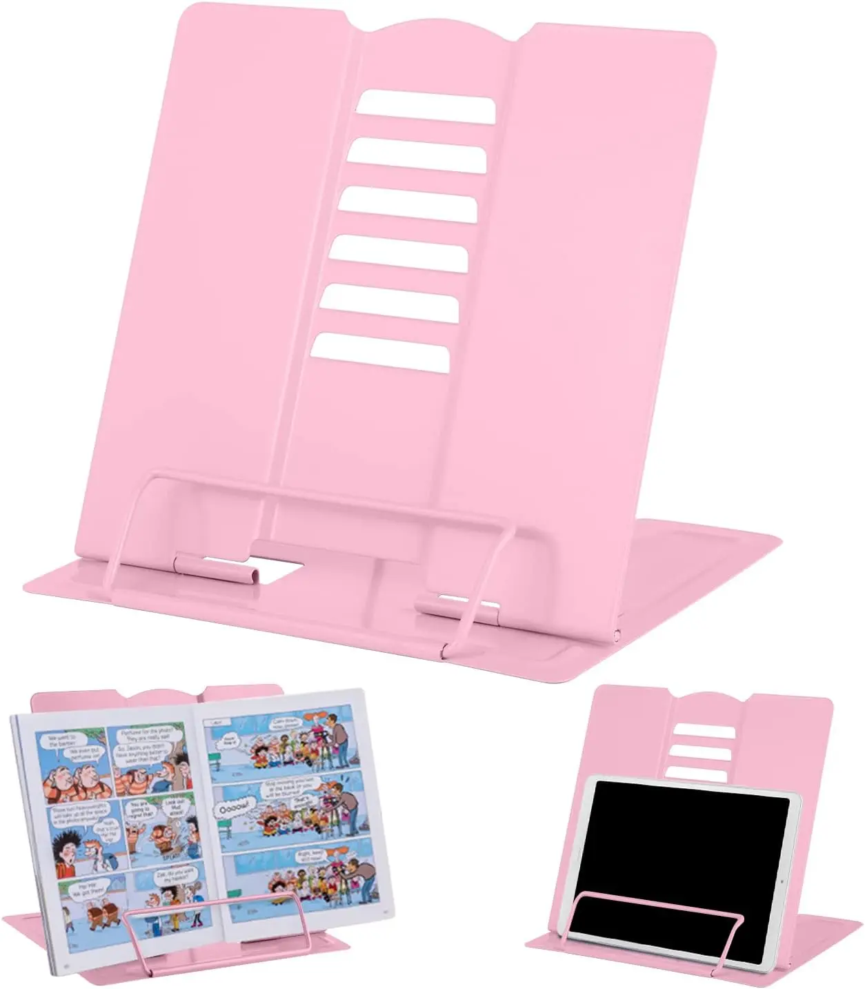 Desk Book Stand Metal Reading Rest Book Holder Adjustable Cookbook Documents Holder Portable Sturdy Bookstands for Recipes Textbooks Tablet Music Books with Page Clips (Light Pink)