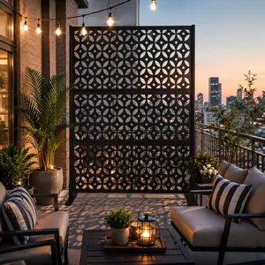 Black metal privacy screen panel, decorative laser-cut geometric design, 72" outdoor patio divider for backyard, balcony, garden