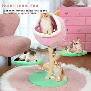 Monster Cat Tree with Plush Pink Nest and Two Green Leaf-shaped Platforms, Cat Tower Scratching Post with Sisal Rope and Sturdy Base