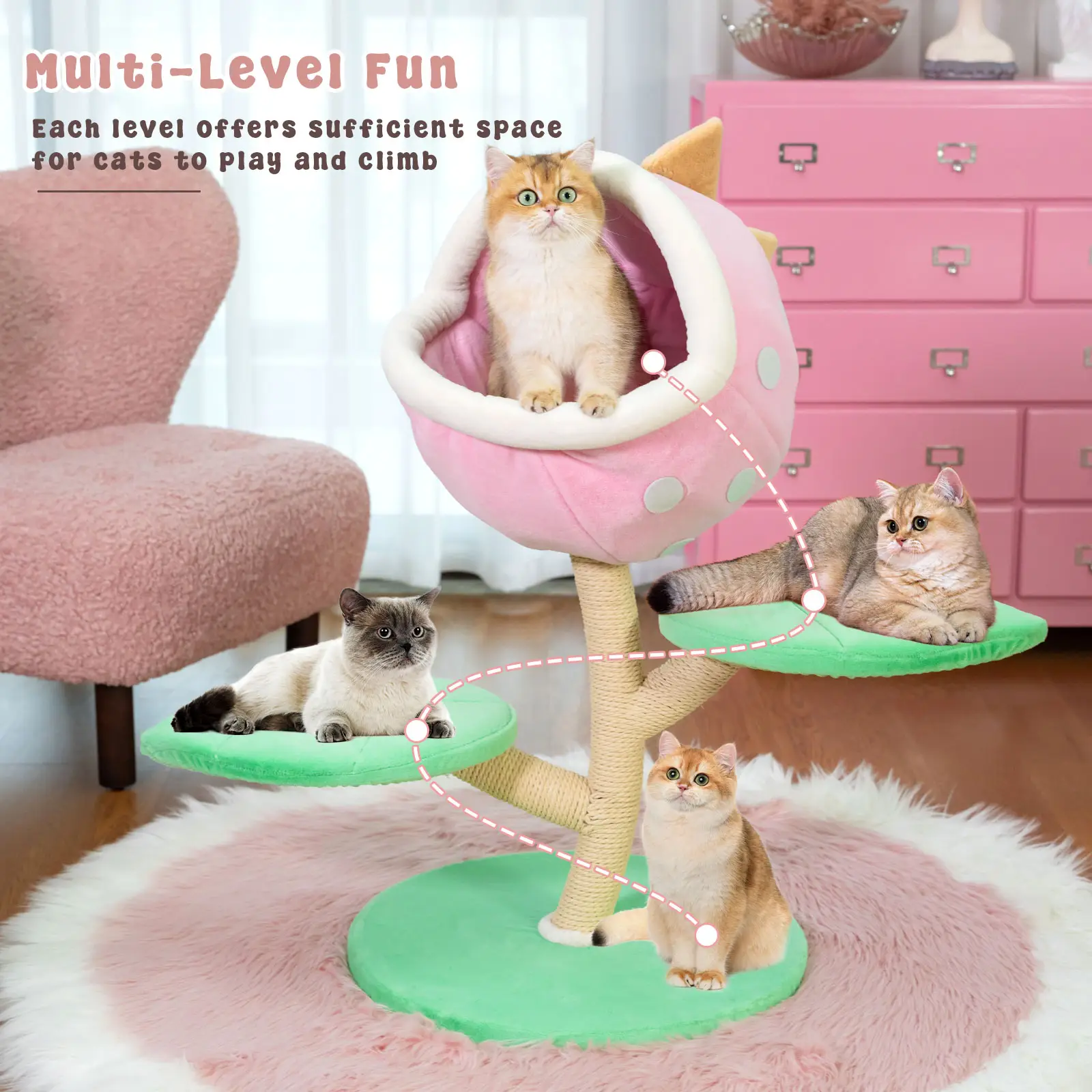 Monster Cat Tree with Plush Pink Nest and Two Green Leaf-shaped Platforms, Cat Tower Scratching Post with Sisal Rope and Sturdy Base