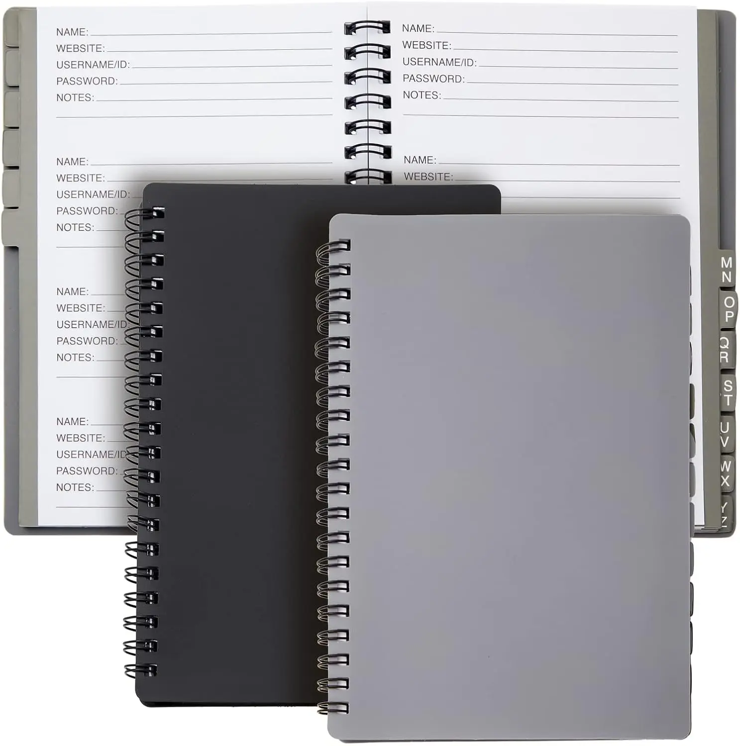 2-Pack Alphabet Tabs Password Books (Gray & Black) - 5x7 in, 80 Lined Pages, Spiral-Bound Plastic Cover, Username & Login Management Notebook for Office Stationery Use