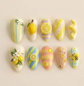 Handmade Summer Lemon Press On Nails, 3D Fruit Nail Art, Yellow Pearl Citrus Manicure