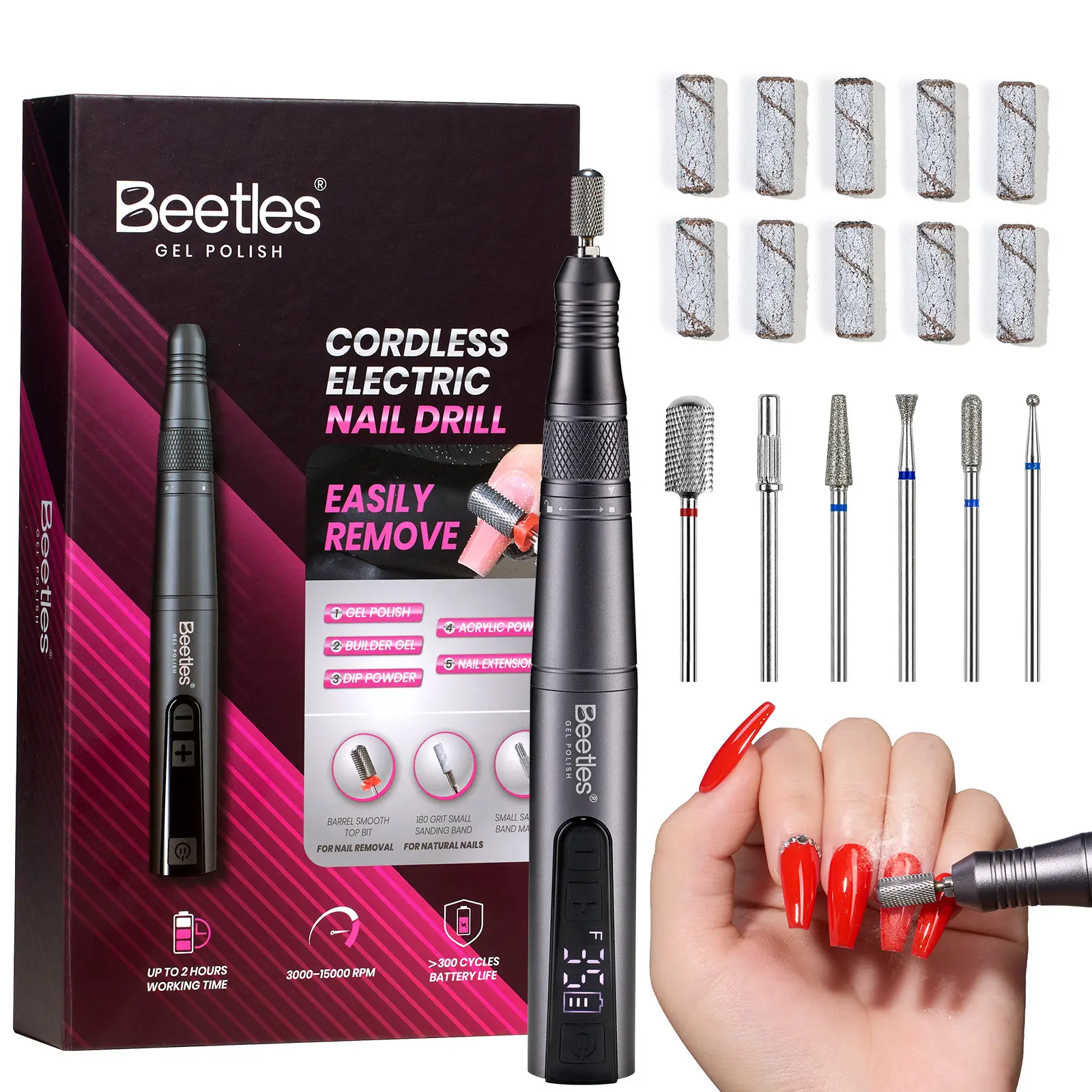Beetles Cordless Nail Drill Kit, 6 Drill Bit 35 Speeds Electric Nail File | Rechargeable Nail File Drill for Gel Polish Extension Builder Removal,0-15000 RPM Beginner DIY Manicure Pedicure Tools Women