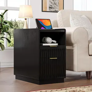 Fluted End Table with  Station, 2-Drawer Narrow Side Table for Living Room, Modern Night Stand with Open Shelf, Wooden Bedside Table for Bedroom Small Space, Black