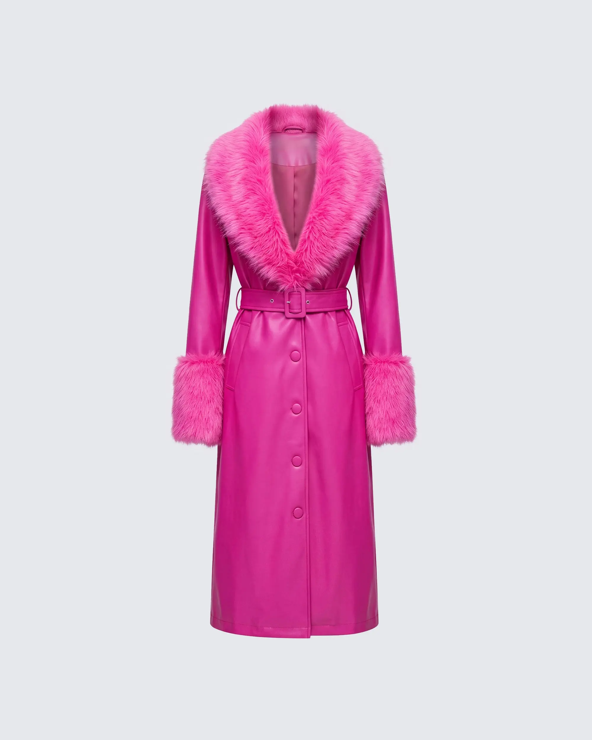 Pink Fitted Faux Leather Trench Coat with Fluffy Faux Fur Collar and Cuffs, Button-Front Belted Midi Outerwear for Women