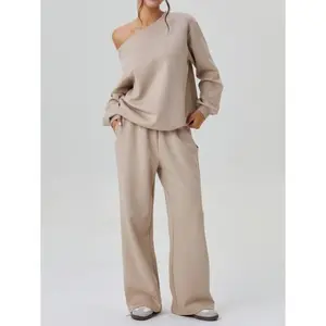 Women’s Autumn Winter One-Shoulder Two-Piece Athleisure Set – Solid Color Long-Sleeve Sloping Shoulder Top & High-Waist Pants, Cozy Fashion Casual Tracksuit Outfit
