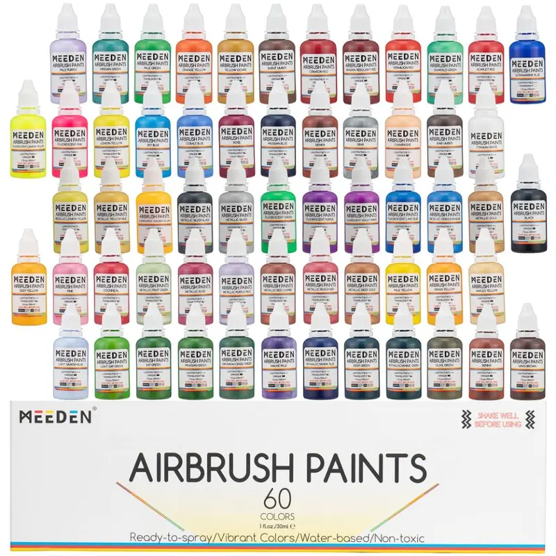 MEEDEN Multifunctional Airbrush Paint Set - 60 Vibrant Pre-Mixed 30 ml Bottles (Fluorescent & Metallic Shades), Painting Supplies, Colorful & Multipurpose Art Supplies for DIY Projects