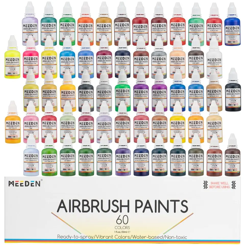 MEEDEN Airbrush Paint Set: 60 Colors x 30ml/1oz Air Brush Spray Paint Set Including Fluorescent and Metallic Colors