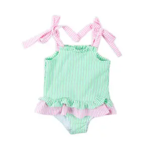 Santorini Green & Pink Stripe One Piece Swimsuit - Girls Ruffle Swimsuit with Tie Straps