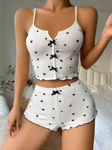 Women's Heart Print Spaghetti Strap Vest and Shorts Pajama Set, Fitted Sleeveless, Comfortable Soft Cute Sleepwear for Daily Use, Stylish Casual Loungewear