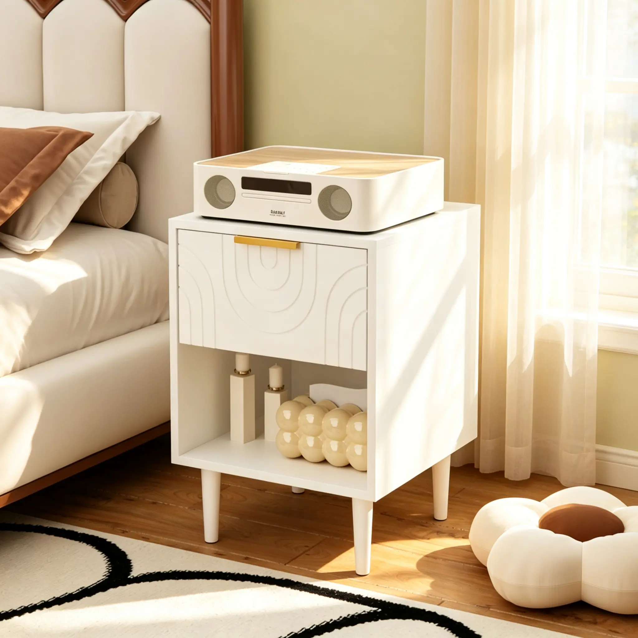 Modern White Bedroom Bedside Table - MDF Nightstand with 22.83in H, 1 Drawer, Open Shelf, Gold-Accented Handle