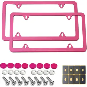 Light Pink License Plate Frames-2 Pack Car Plate Frame for Women,Slim Aluminum Car Tag Cover Holder with Rust Resistant Screws Caps,Rust/Rattle Proof Pads,Pink Accessories-Tire Valve Stem Cap