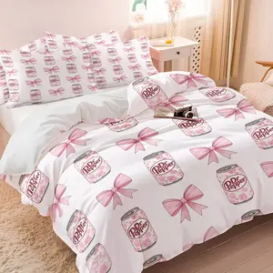 Pink Bow Duvet Cover Set (1 Duvet + 1/2 Pillowcases, No Core), Soft All-Season Fabric, Cute Soda Can & Bow Print Bedding for Sweet Girls Bedroom Decor