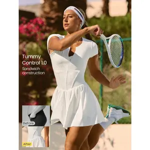 GLOWMODE Ace The Day Half-Zip Placket Tummy Control Built-In Shorts Cap Sleeves Side Pockets Anti-Slip Grips Tennis Dress Low Impact Tennis Golf Pickleball Daily Casual Wear