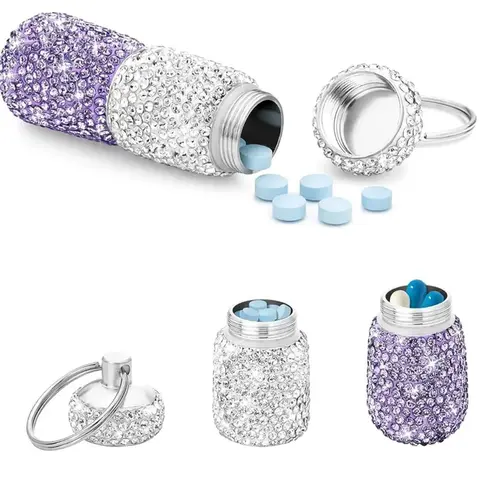 Rhinestone Decorated Portable Pill Box Keychain, Cool Keychains, Pill Case Organizer Key Ring for Women & Men, Sparkling Bling Bling Pendant, Daily Use Accessory