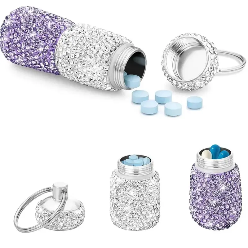Rhinestone Decorated Portable Pill Box Keychain, Cool Keychains, Pill Case Organizer Key Ring for Women & Men, Sparkling Bling Bling Pendant, Daily Use Accessory