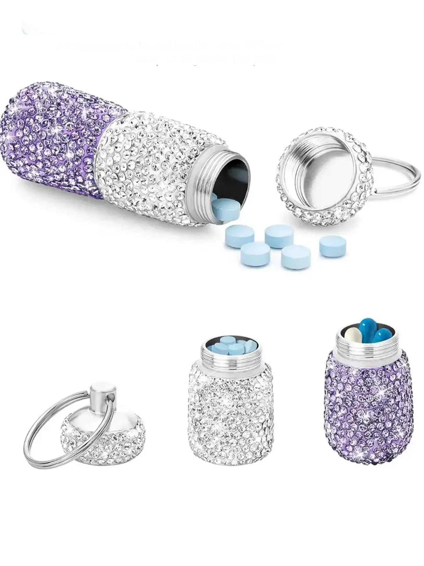 Rhinestone Decorated Portable Pill Box Keychain, Portable Pill Case Organizer Keychain, Key Ring for Women & Men, Accessories for Daily Use