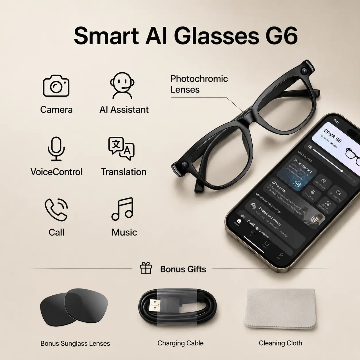 DPVR G6 AI Smart Glasses — Photo & Video Capture, Smart glasses with camera, Translation — Scan QR Code to Download App — Bluetooth Glasses with Photochromic Lenses (Bonus Sunglasses Lenses Included) — ideal father wireless eyewear