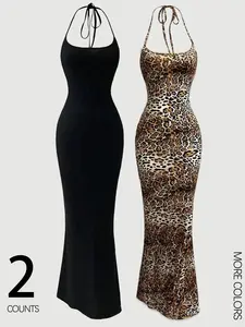 Women's Leopard Print Cami Mermaid Dress, Solid Color Sleeveless Spaghetti Strap Cami Dress Set, Sexy Minimalist Chic Fashion, Casual Two-Piece, Summer