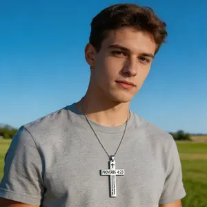 Men's Inspirational Bible Verse Cross Necklace - Stainless Steel Plain Black Silver Pendant with Curb Chain, Religious Design Necklaces, Faith Jewelry Gift for Boys, Men's Accessories, Chains, Fashion Accessories