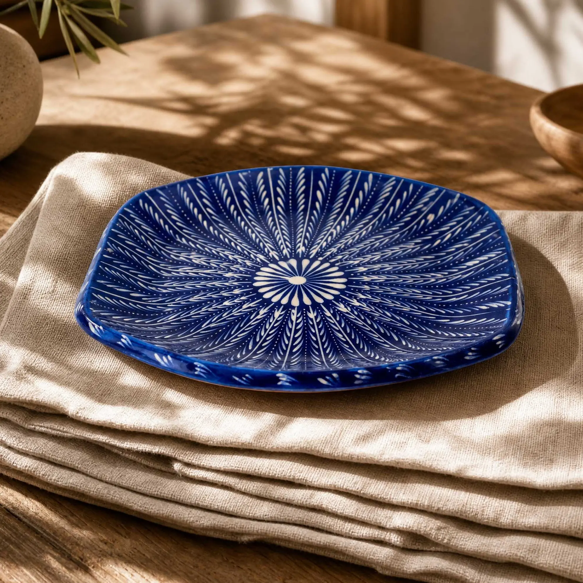 Mexican Handmade Hexagon Mandala Flow Flower-Patterned Capula Plate, 3-Color Regional Clay Kitchen Tableware for Everyday Use, Three Colors