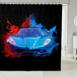 Teens Sports Car Shower Curtain, Blue Race Car Waterproof Bathroom Curtain for Boys Men, Red Blue Graffiti Splatters Bath Curtain