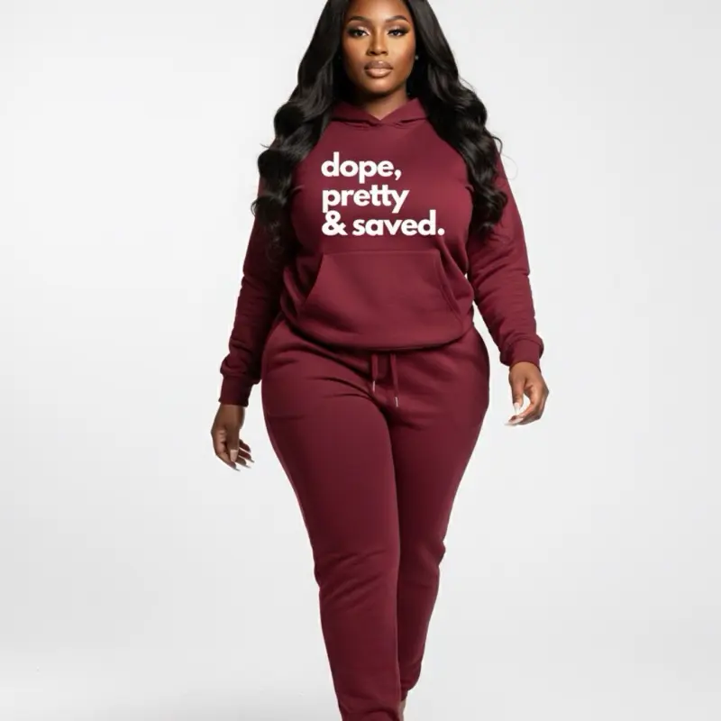 Women's 2-Piece Classy Fleece Trench Set - Sporty Chic Long-Sleeve Relaxed Fit Joggers, Slogan Graphic Print, Elevated Luxe Look Sand Fabric, Everyday Wear for Casual Use, Prayer Gatherings, Comfy Fleece Blend Women's Outfits, Crisp “Saved” Look, Errand T