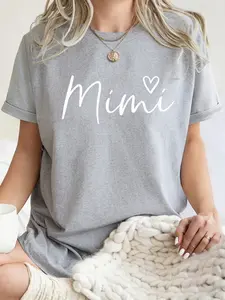 Women's Crew Neck Short Sleeve T Shirt with "Mimi" Heart Handwritten Style Grandma Nickname Graphic Print Relaxed Loose Fit Soft Breathable Cotton Blend Skin Friendly Machine Washable No Shrink Fade Resistant Versatile for Commute Daily Wear