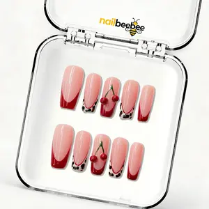 NailBeeBee｜10PCS 100% Handmade Press-On Nails｜D161 1.2 Inch｜Reusable Colorful Art Acrylic Stylish｜Cherry Leopard French