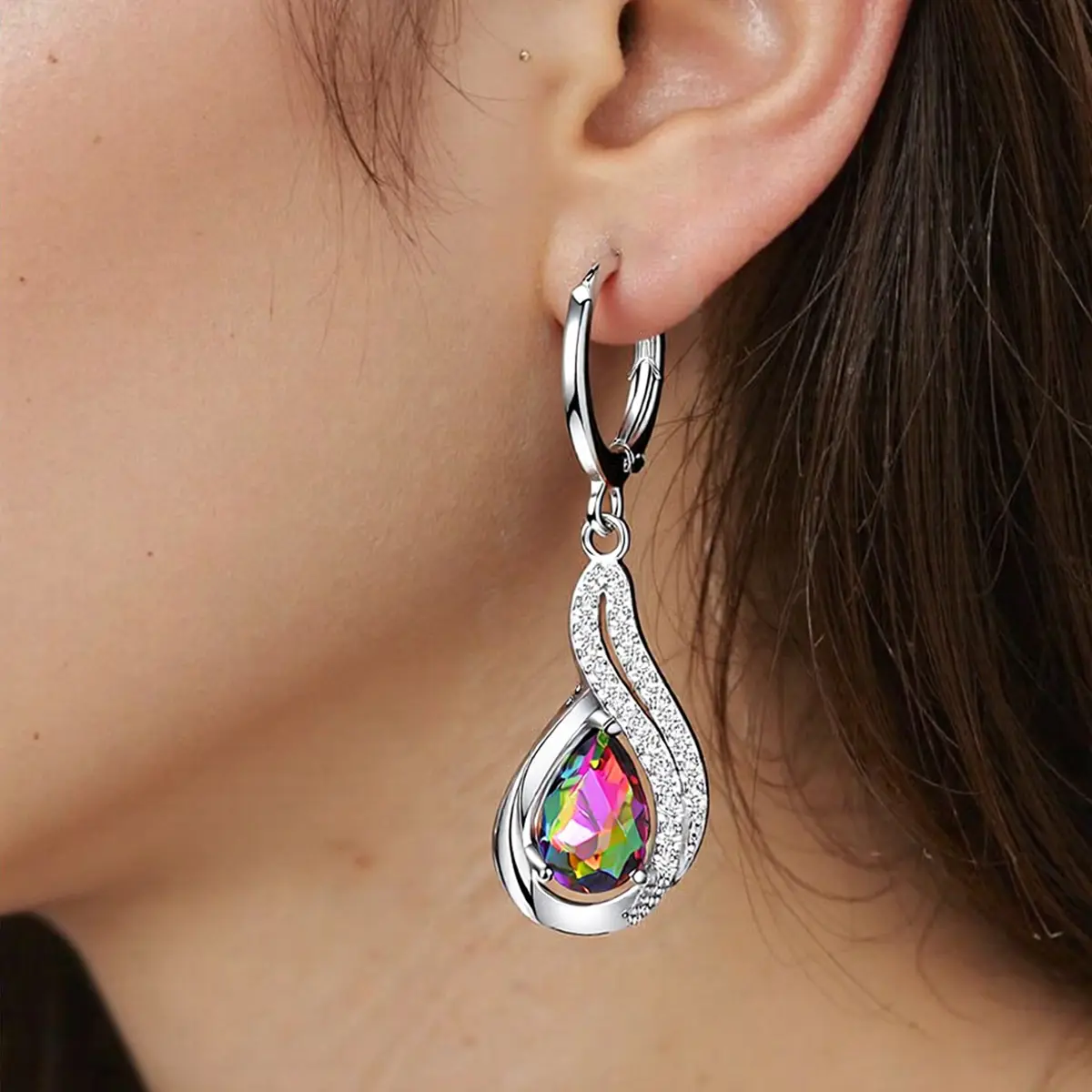 Rainbow Rhinestone Drop Earrings for Women, Elegant Teardrop Charm Hook Earrings Multicolor Hollow Earrings