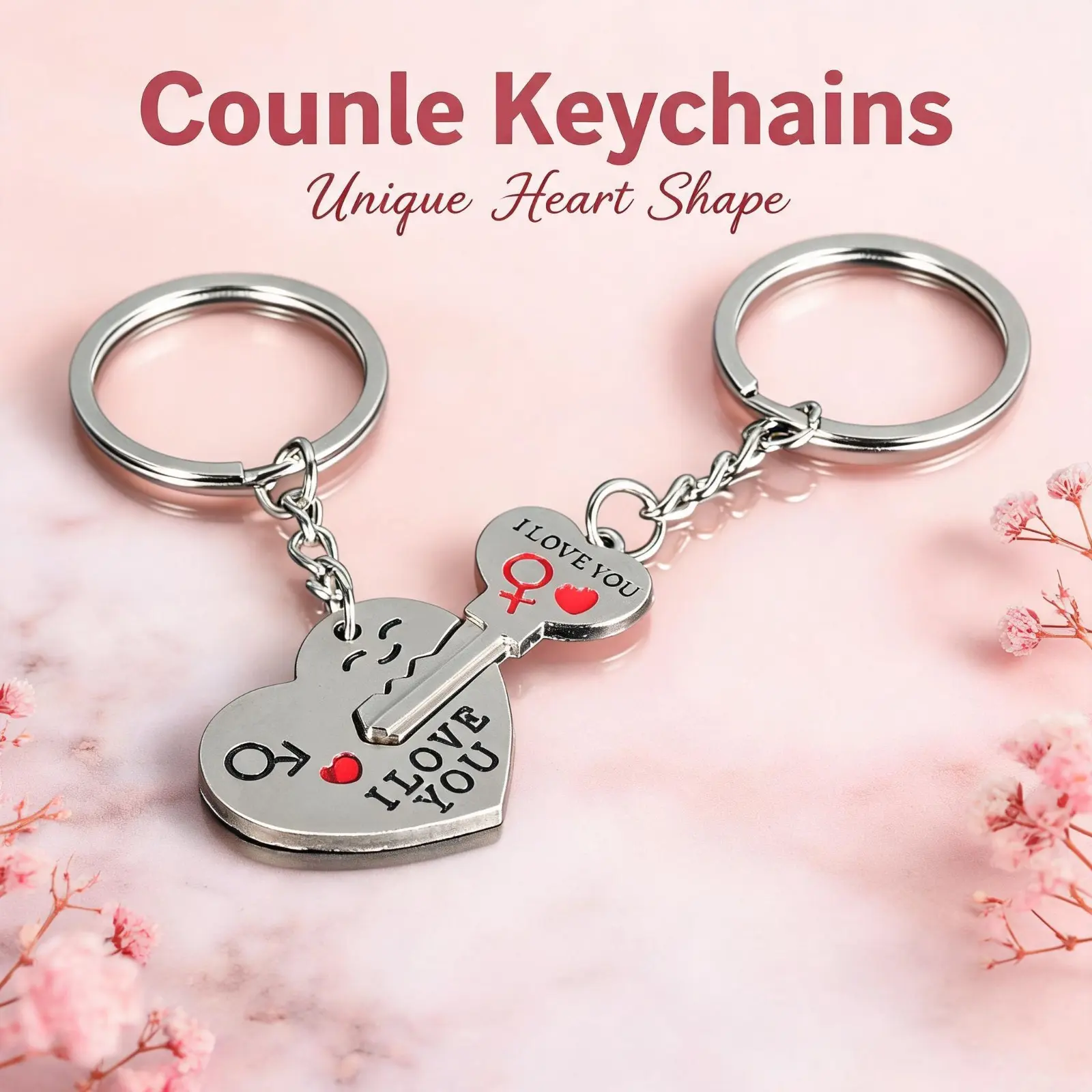 Couple Keychains, Fine Steel Split Heart Pendants, Matching 2-Piece "I LOVE YOU" Set with Red Glass, Romantic Anniversary Gift, Romance, Heart Keychain, 2-Piece Set, Metallic Split Heart
