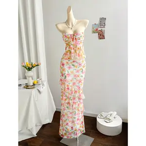 Floral 2 Piece Skirt Outfits Strapless Bandeau Ruffle Top Maxi Skirts Set Vacation Outfits