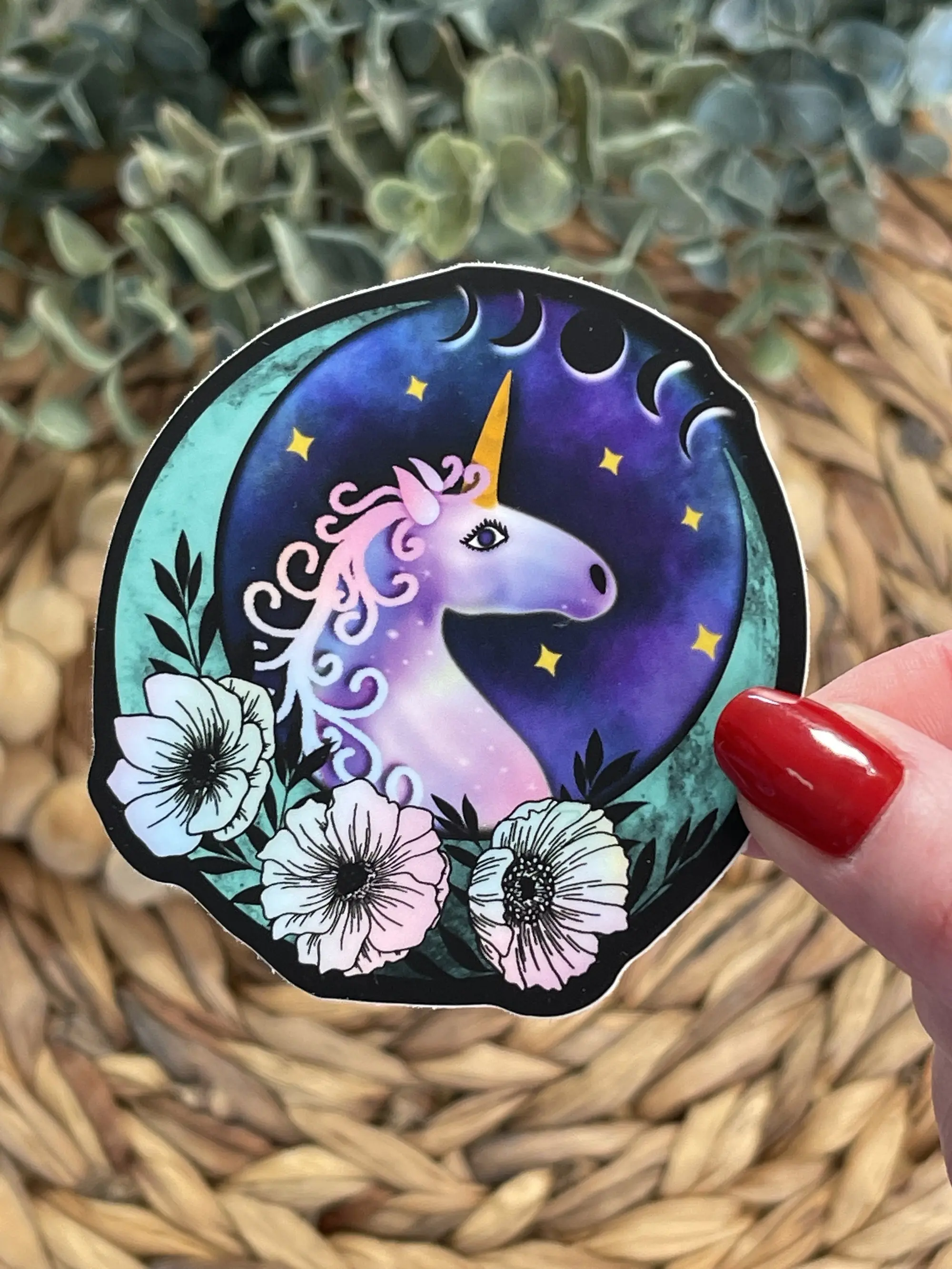 Magical Unicorn Moon Sticker, Floral Unicorn Sticker, Sparkling Unicorn Vinyl Decal, Unicorn Crescent, Watercolor Unicorn, Moon Flowers