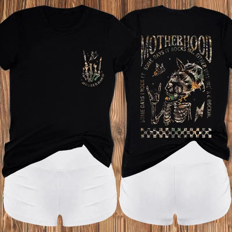 Women's Skeleton & Letter Print Tee & Shorts Two-piece Set, Two Pieces Outfits, Casual Round Neck Short Sleeve T-shirt & Skinny Shorts, Summer Clothes, Breathable Ribbed Set